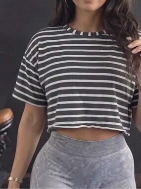 lululemon athletica Black & White Striped Cropped Tee